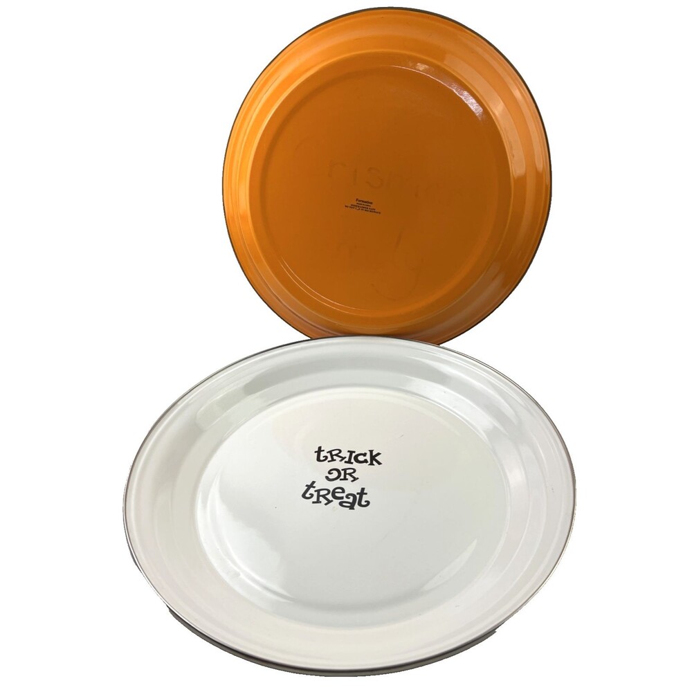 Enamel Orange Serving Dish Set of 2 15-3/4” 'Trick or Treat' Halloween Decor
